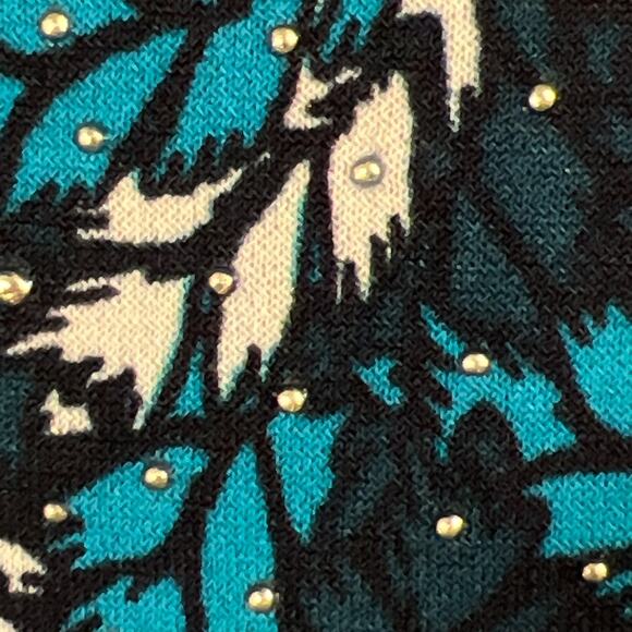 Rafaella Enchanting Leaf Pattern Bell Sleeve Top LARGE Teal Cream Black Asymmetr - Picture 8 of 15